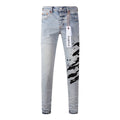9048 Mens Purple Skinny Jeans with Ripped Detail Fashionable Denim Biker Pants with Patches and Printed Design Jeans Purple
